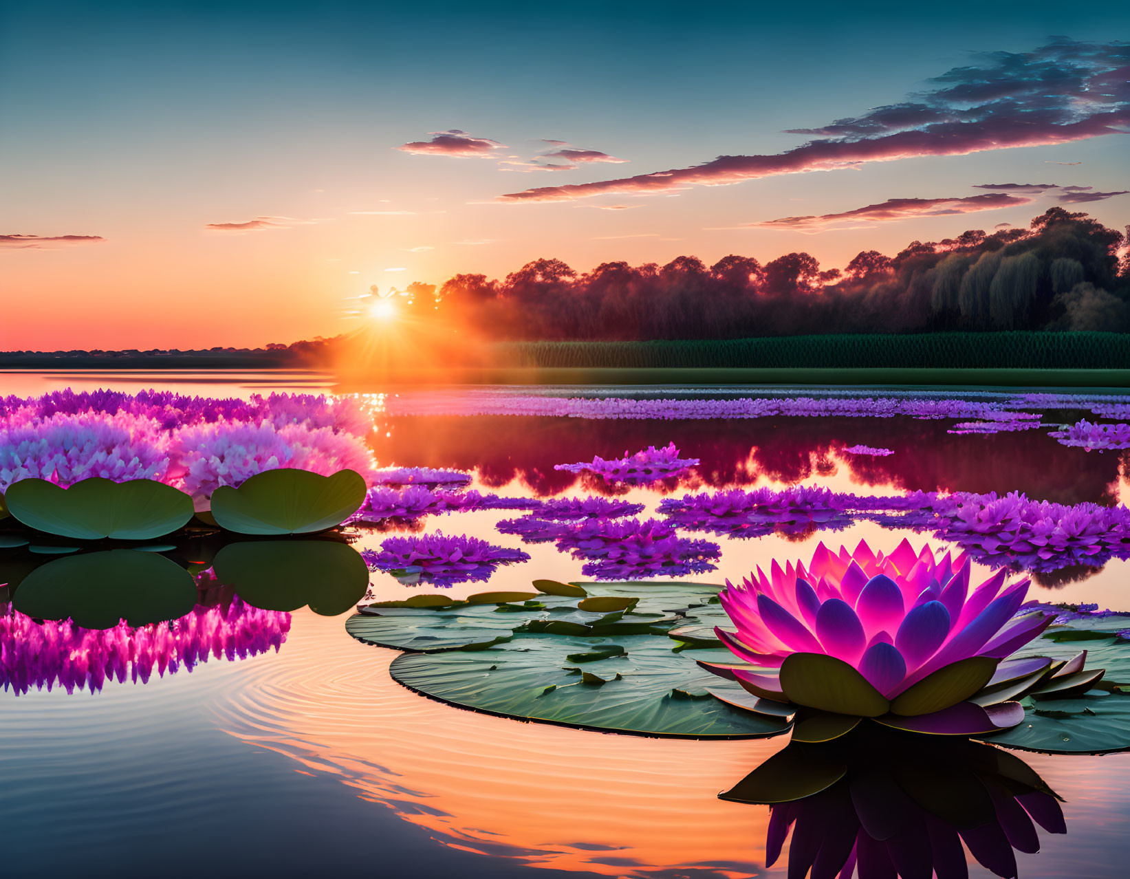 Tranquil lake sunset with water lilies and colorful sky