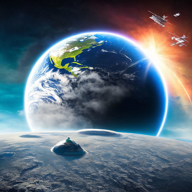 Sci-fi scene: Earth from space with spaceships and vibrant sunlight