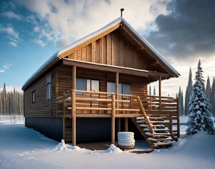 Snowy landscape: Cozy wooden cabin with porch at dusk or dawn