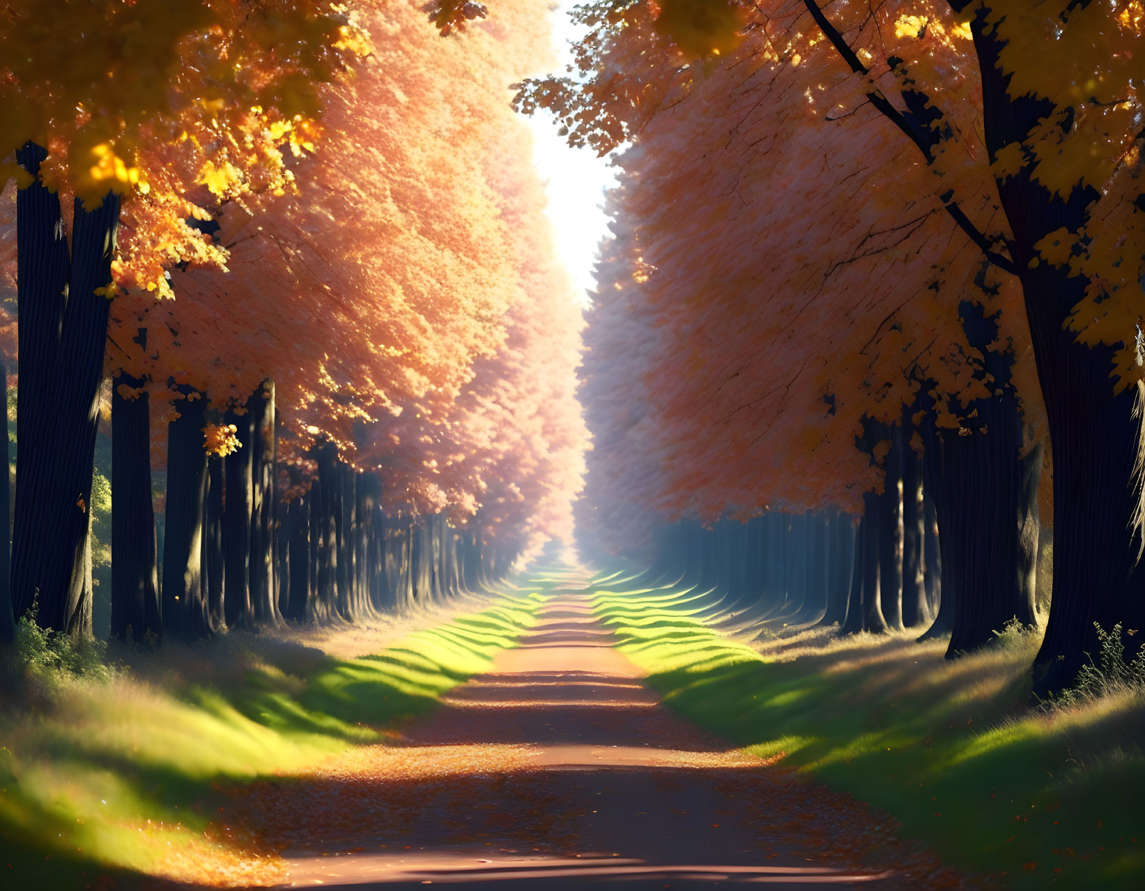 Tranquil Tree-Lined Path with Golden Autumn Foliage