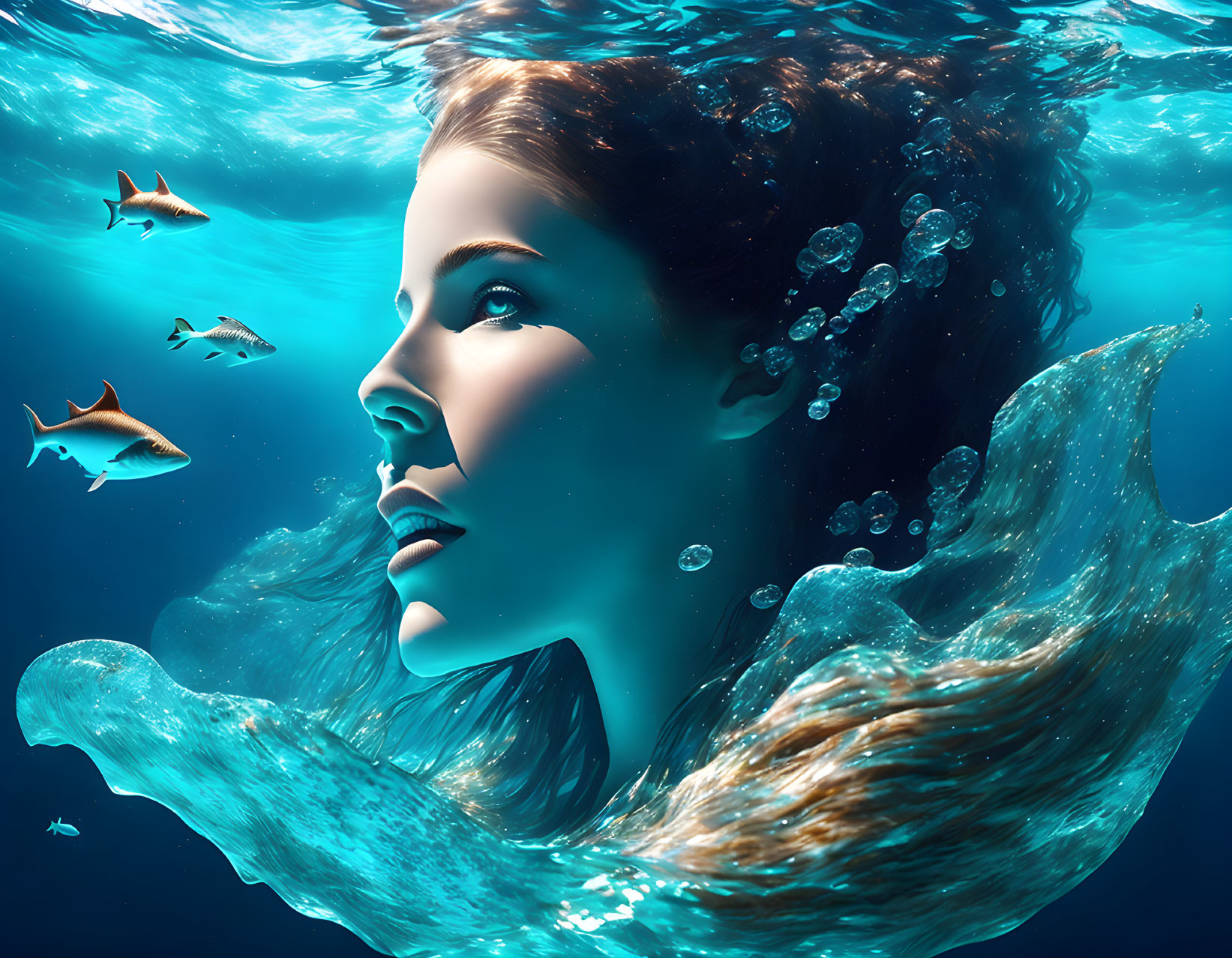 Woman Submerged in Water with Flowing Hair Among Fish and Bubbles