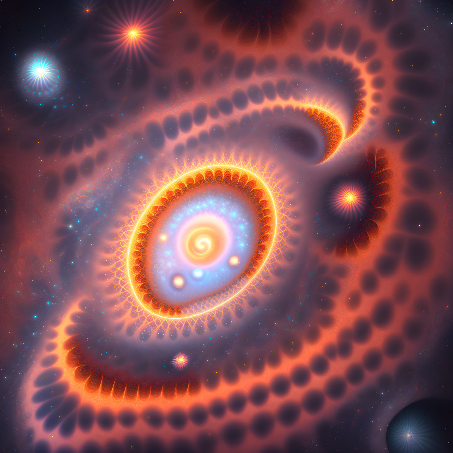 Fractal spiral in orange hues on starry background