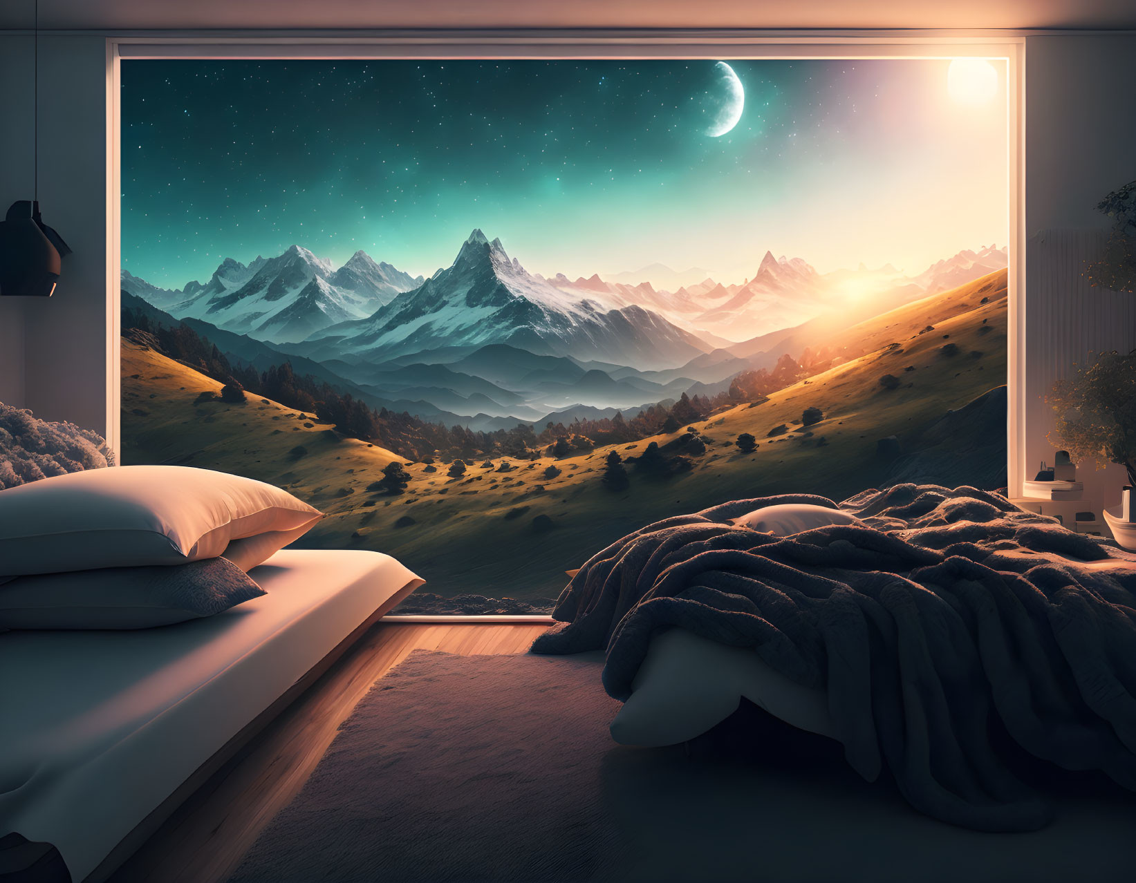 Bedroom with Large Window Overlooking Mountainous Landscape at Night