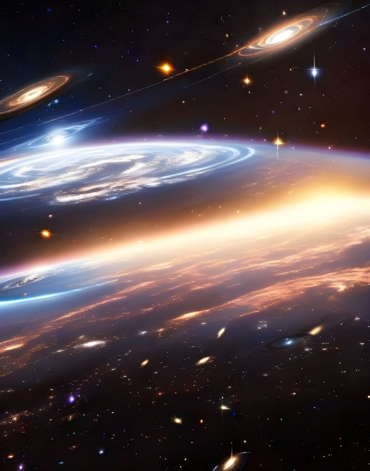 Colorful Spiral Galaxies and Celestial Bodies in Star-Filled Universe