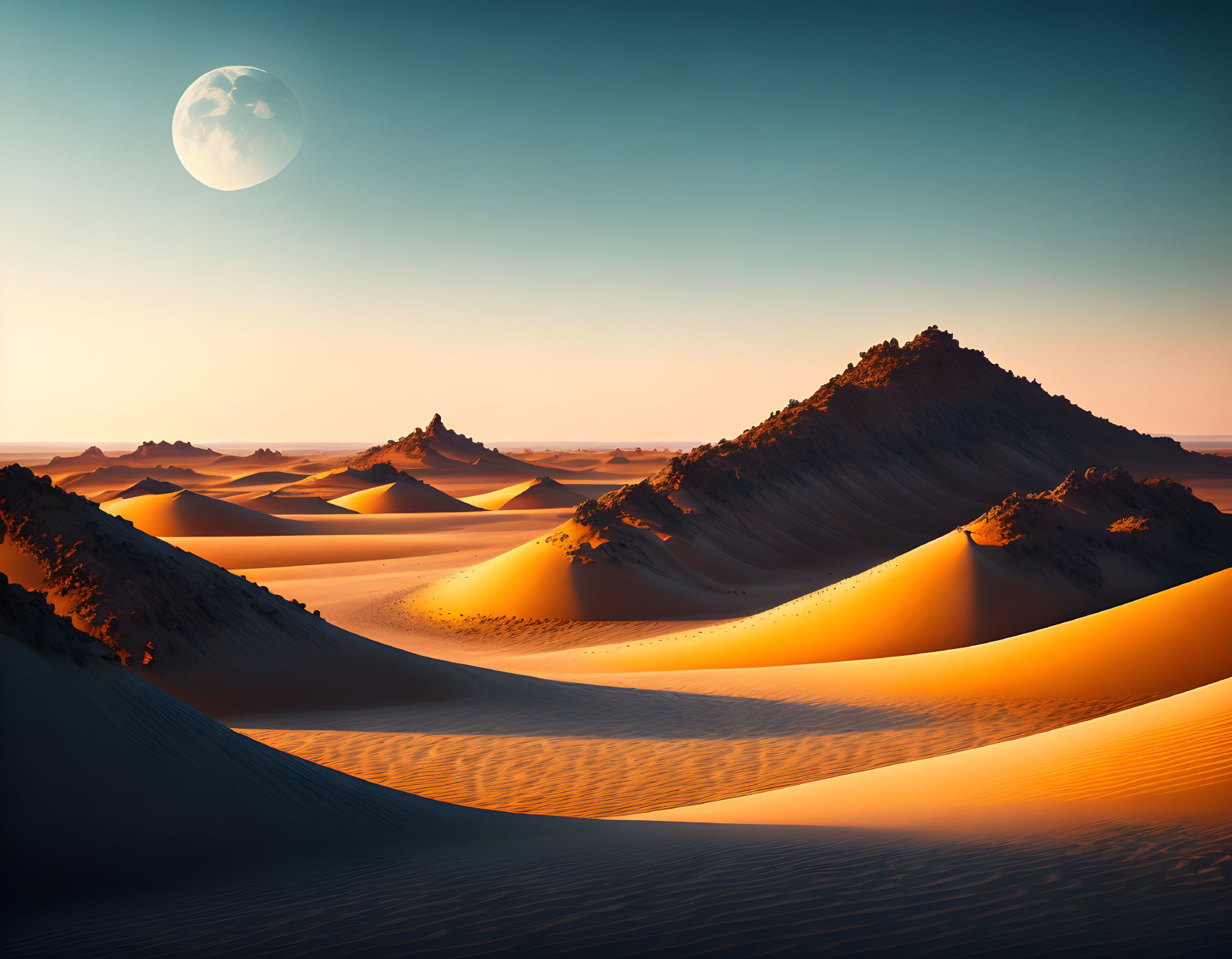 Twilight desert landscape with sand dunes and full moon