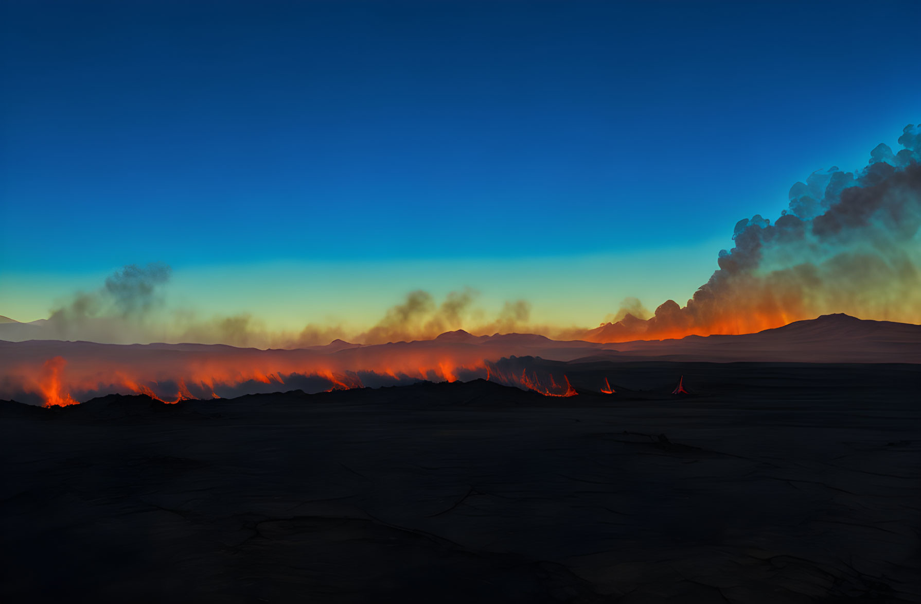 Volcanic Eruptions at Twilight: Glowing Lava and Billowing Smoke in Desolate Landscape