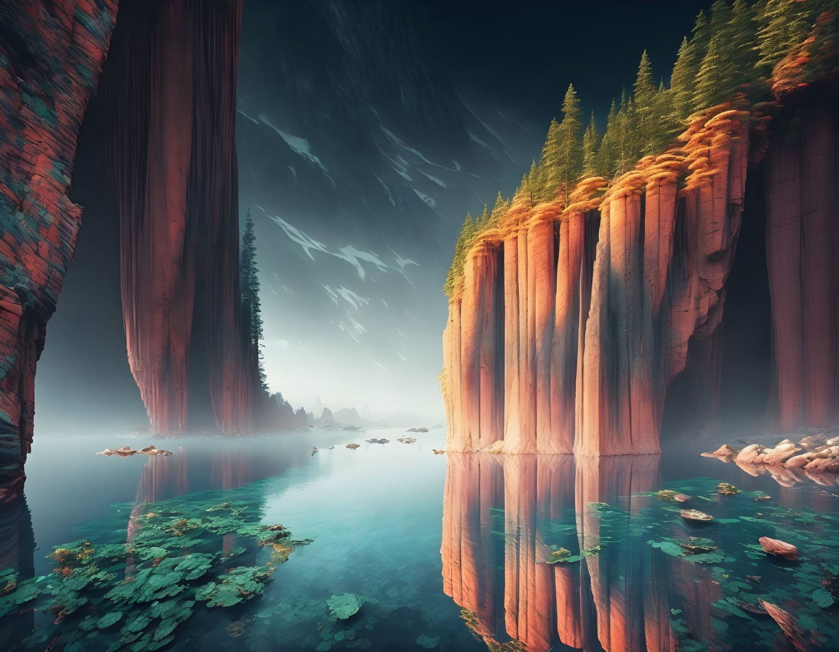 Red Rock Pillars Reflecting in Serene Lake Under Starry Sky