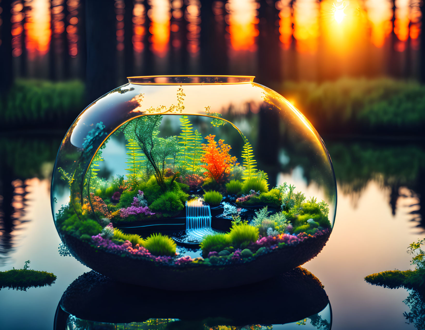 Colorful Terrarium with Mini Trees & Waterfall Against Sunset Lake