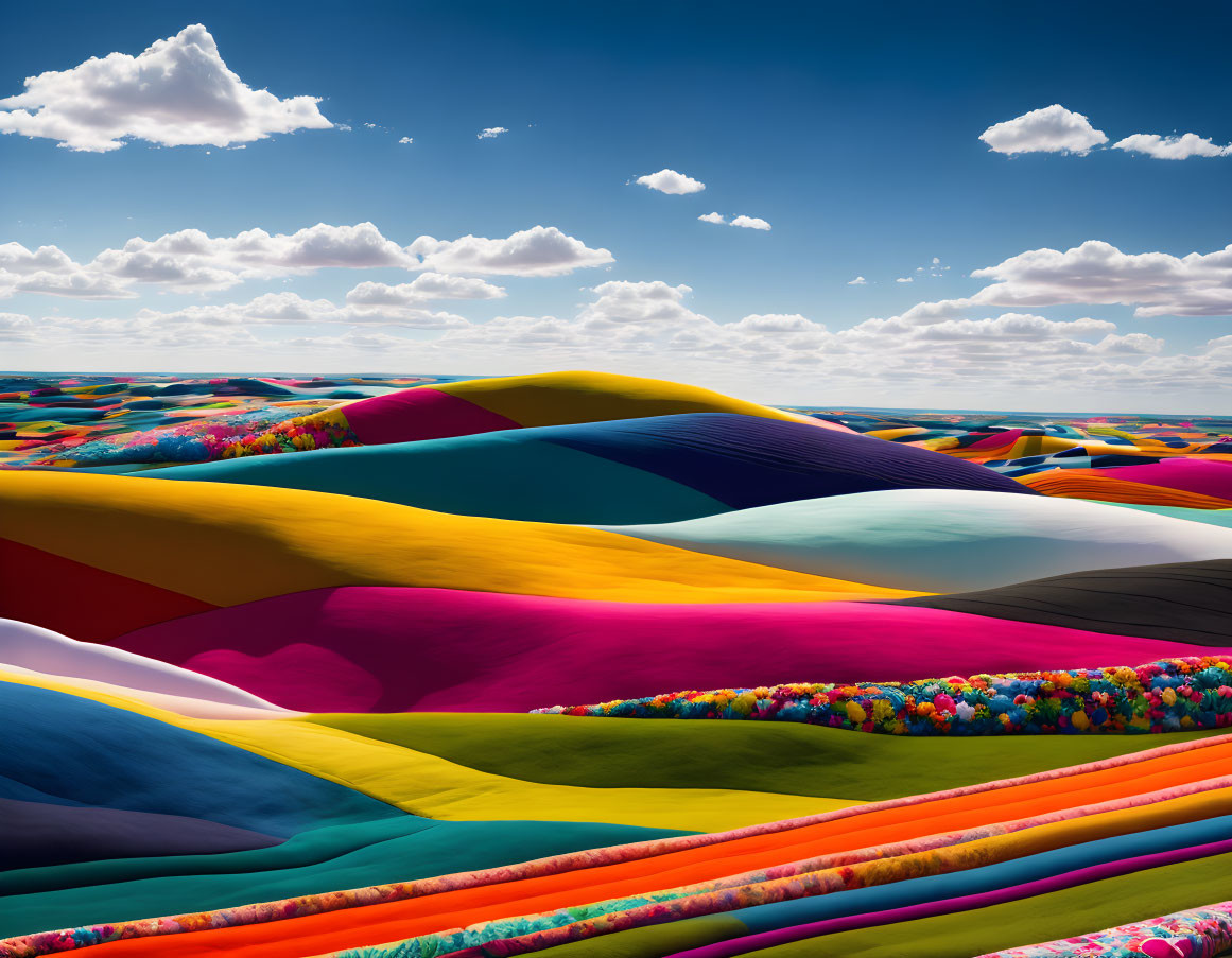 Multicolored Rolling Hills under Blue Sky: Abstract Surreal Landscape