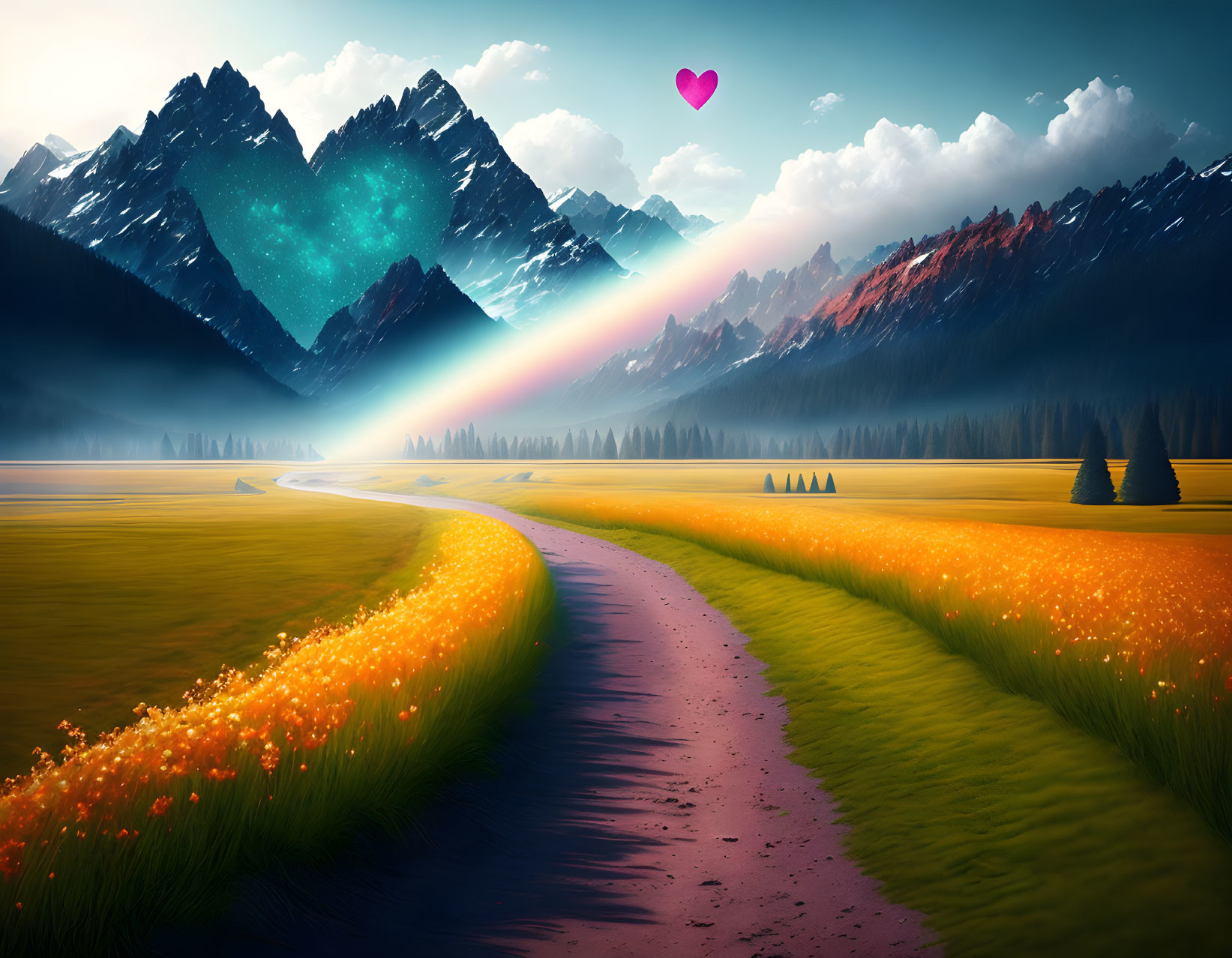 Colorful rainbow over mountain peaks with heart and flower-filled field