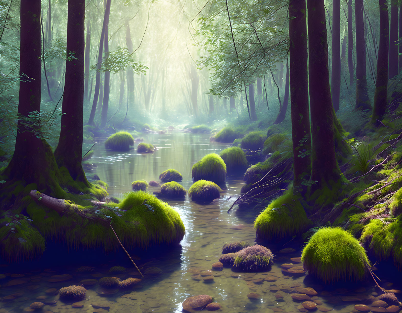 Tranquil forest stream with sunbeams and greenery