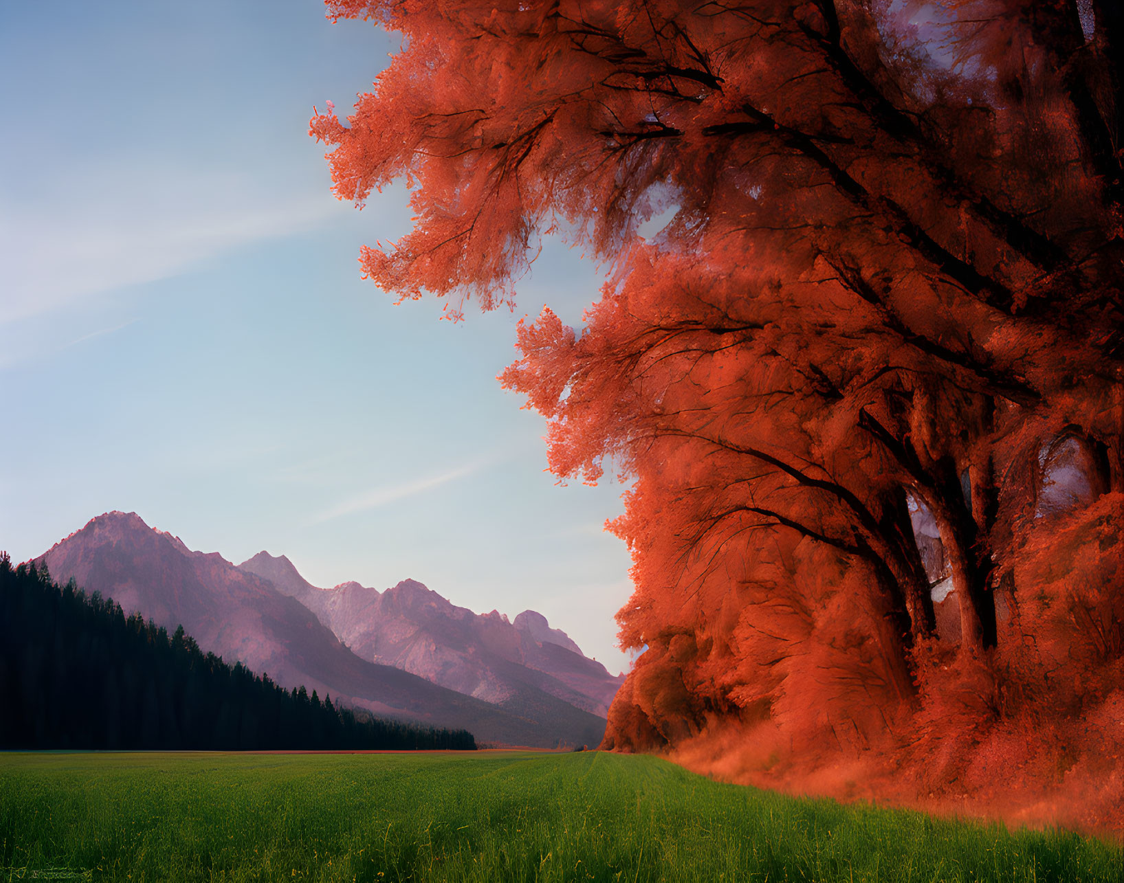 Scenic landscape with crimson trees, green field, and mountains.