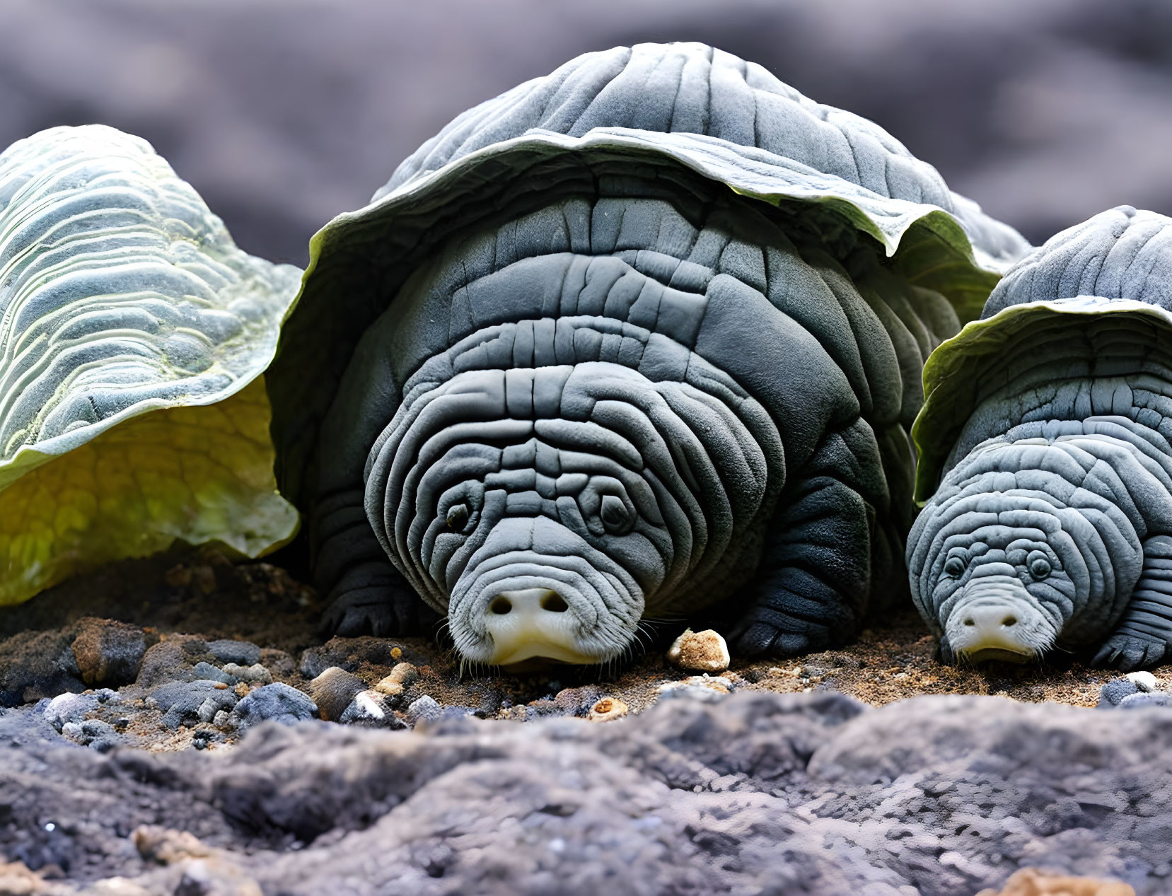 Textured Turtle Statues with Detailed Shell Designs on Rocky Ground Amid Green Plants