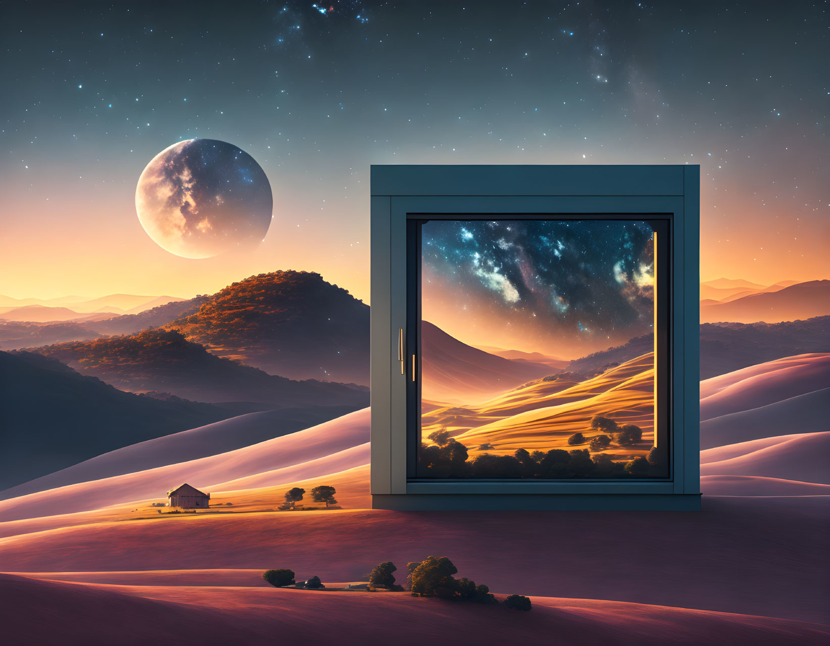 Surreal landscape with doorway to starry night sky and moon over sand dunes and rolling hills