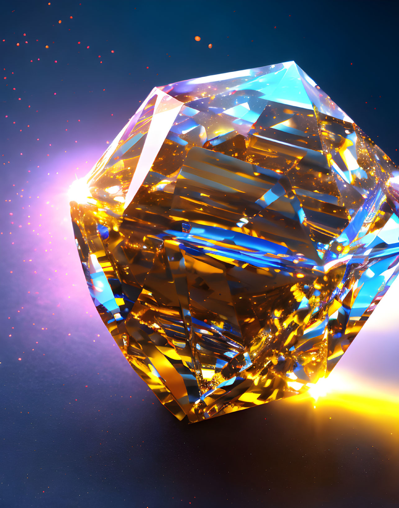 Multifaceted diamond shines on dark blue background