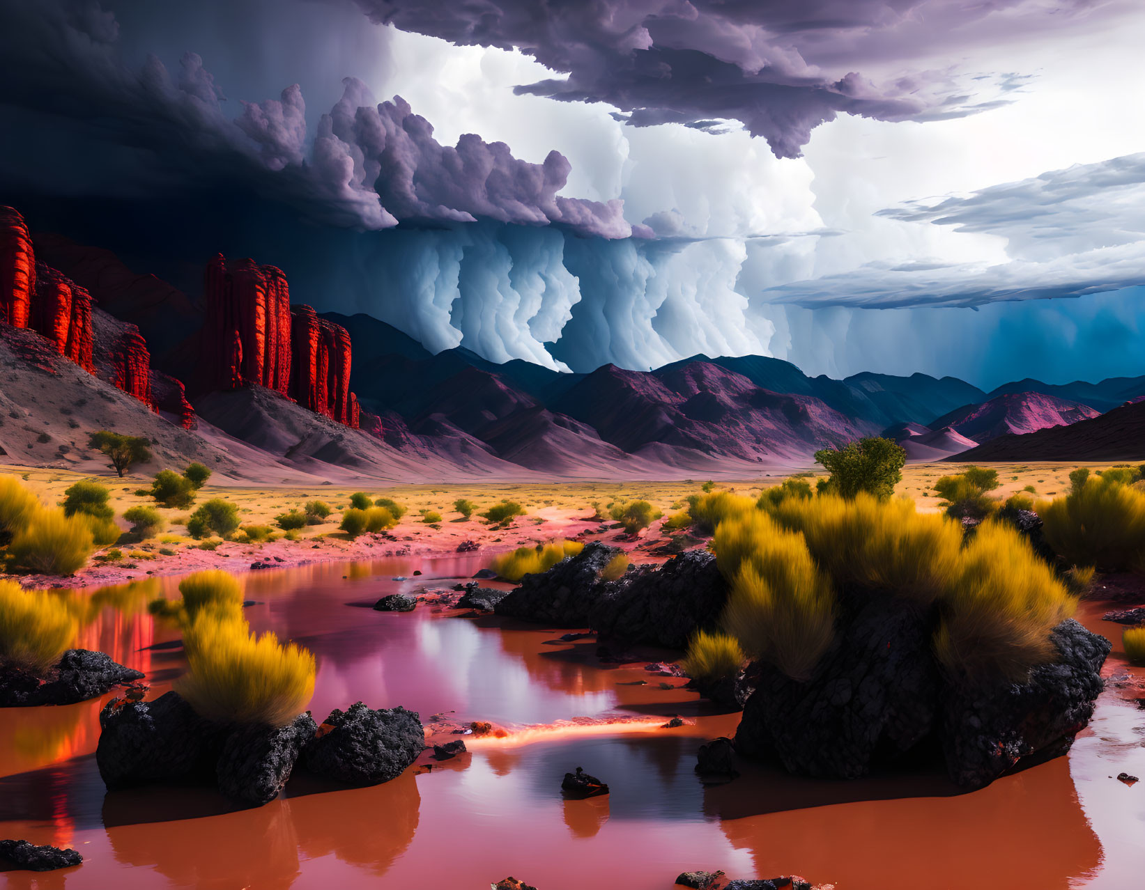 Vibrant river with reflections, dark rocks, colorful grass, red cliffs, billowing clouds