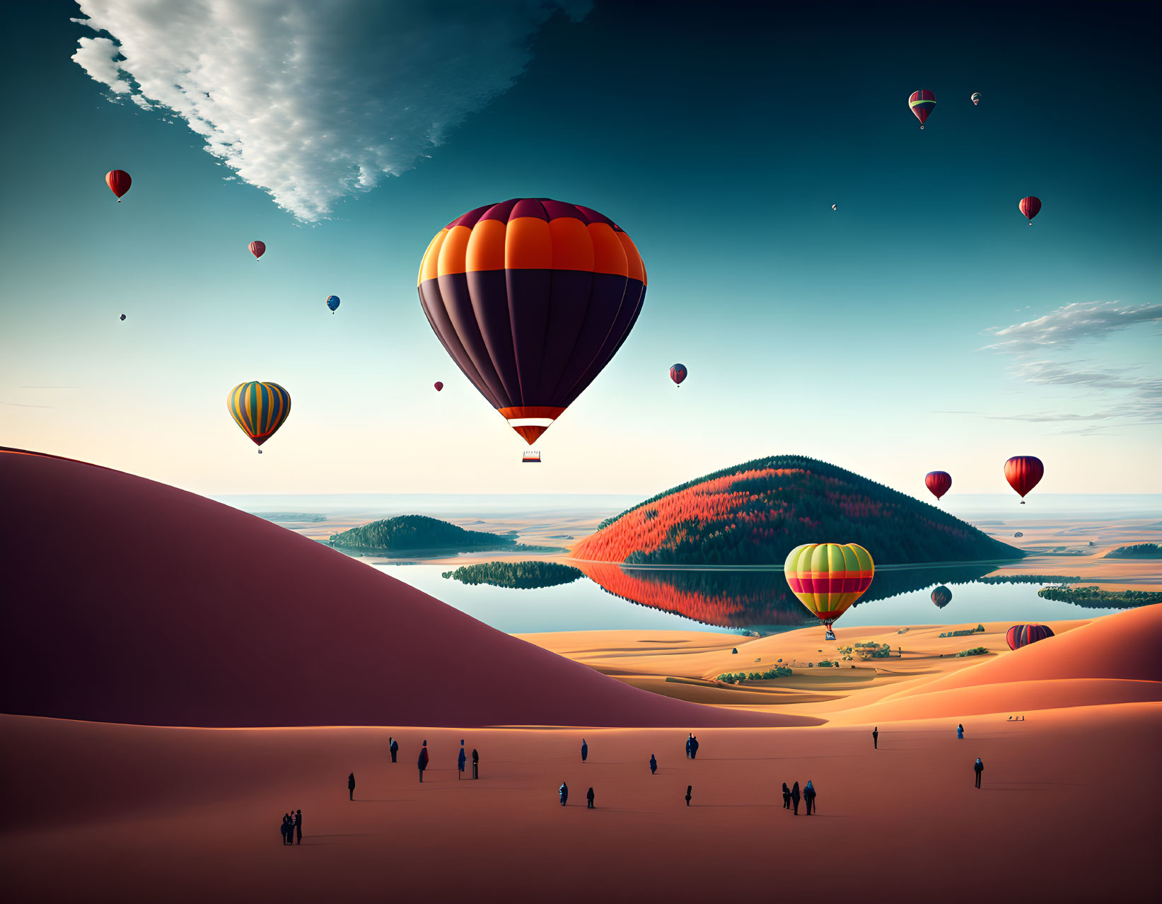 Colorful hot air balloons float over desert dunes with people and greenery.