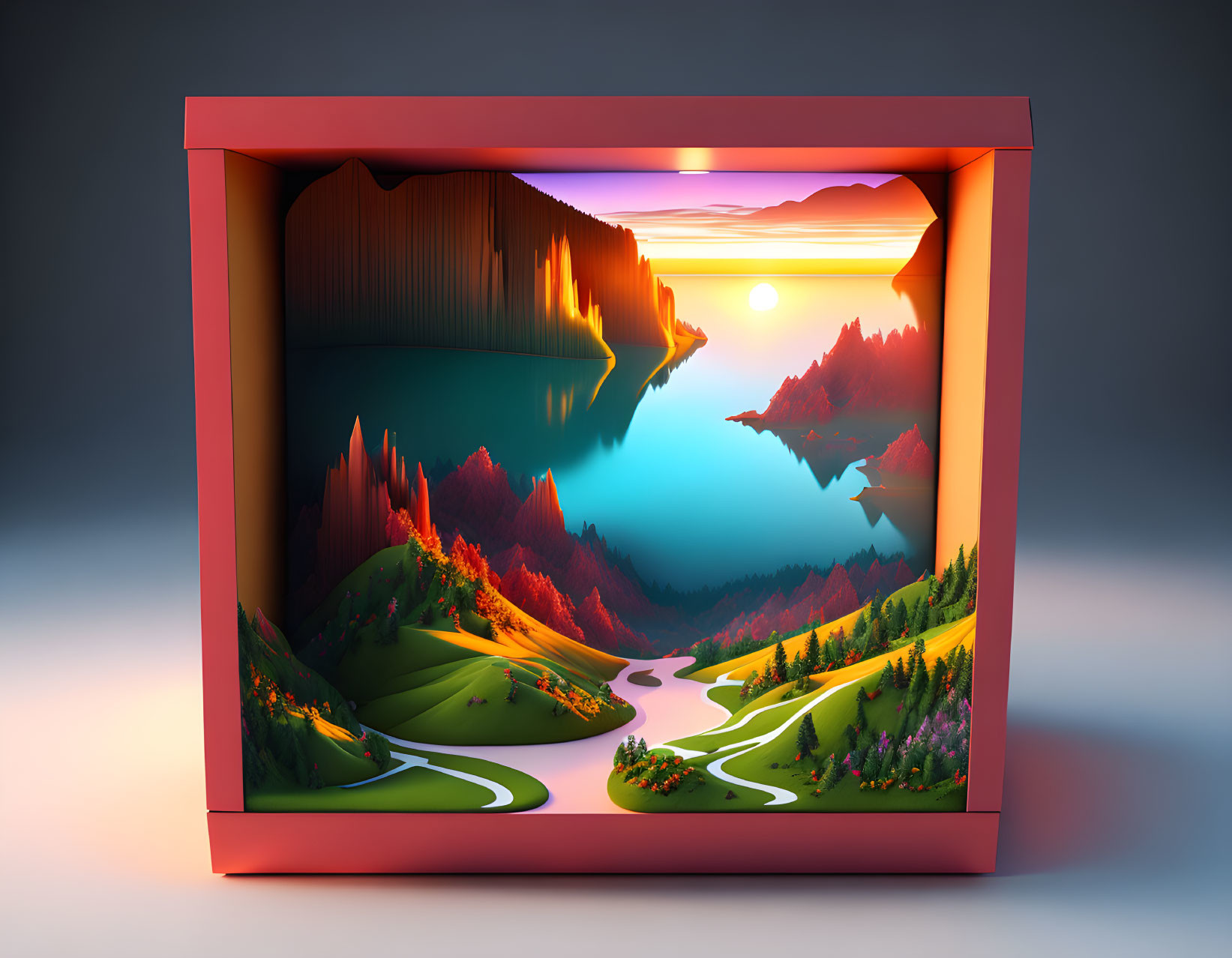 Vivid 3D diorama of picturesque landscape with mountains, river, trees, and sunset in