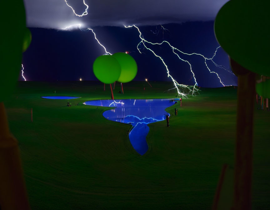 Nighttime Golf Course Scene with Lightning and Illuminated Trees and Pond