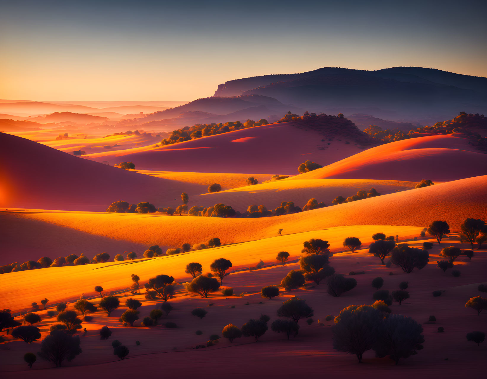 Sunrise over desert hills with warm light, shadows, vegetation, mountains, gradient sky