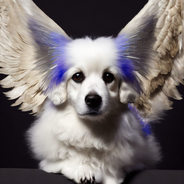 White Dog with Black Eyes and Blue Ears Wings on Black Background