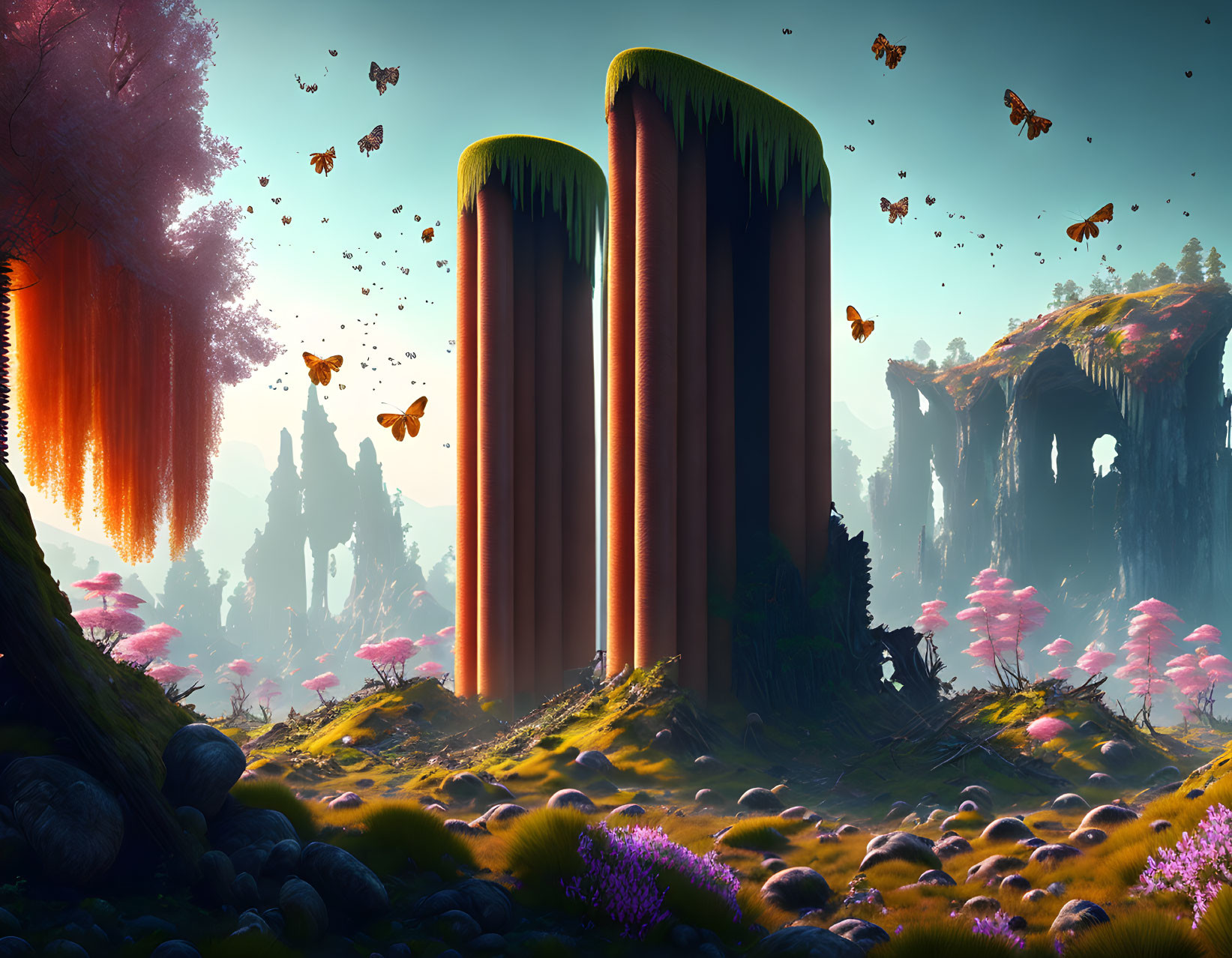 Fantastical landscape with towering pillars and flying creatures in a pink and purple flora field