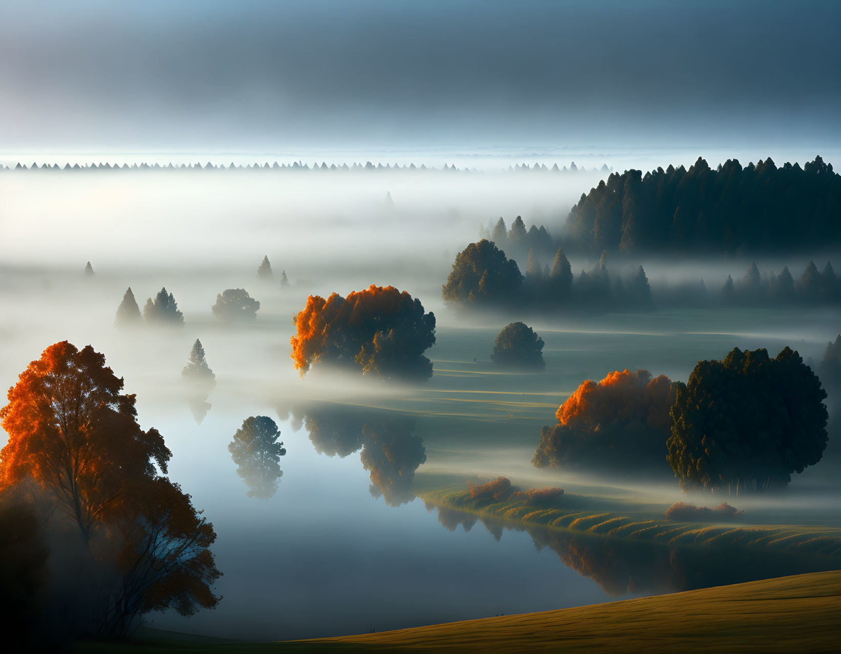 Misty River Landscape with Autumn Trees and Soft Morning Light