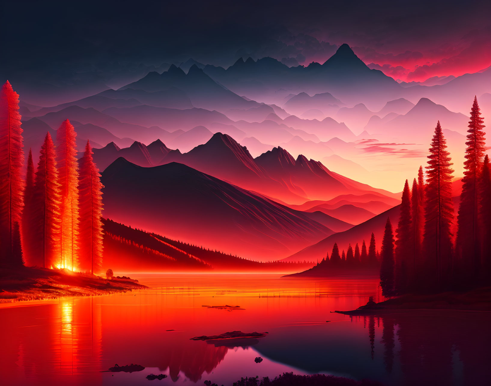 Colorful digital artwork: Mountain landscape at sunset with glowing river and trees