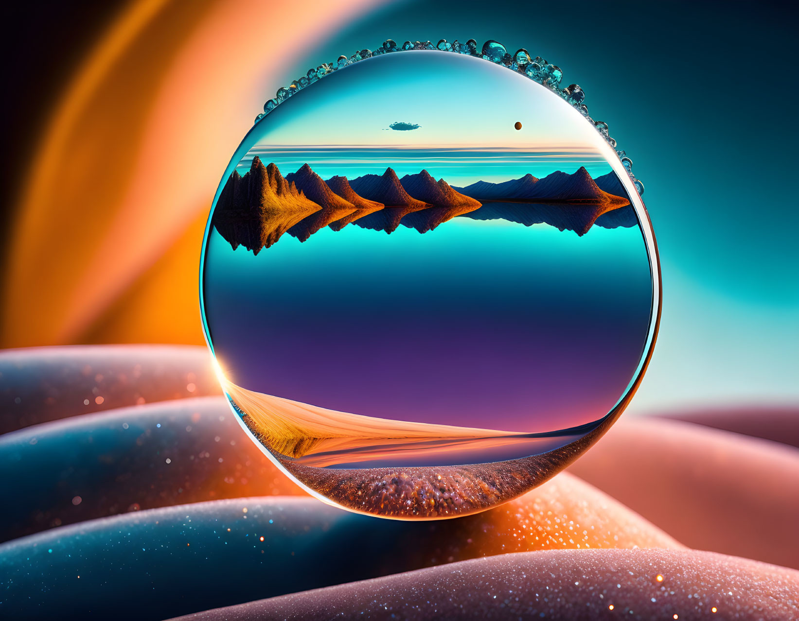 Serene landscape with mountains reflected in crystal ball at sunset