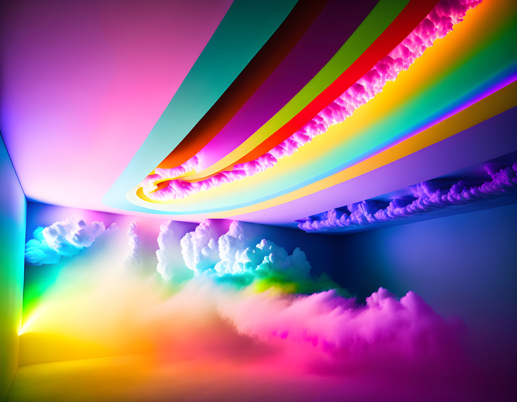 Colorful Abstract Art: Rainbow Swirls in Cloudy Sky