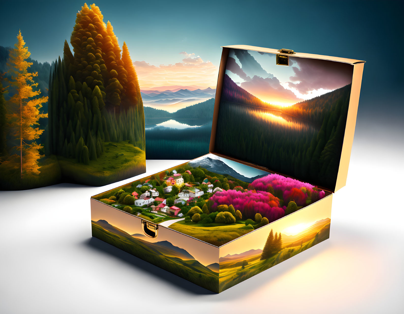 Surreal open treasure chest with miniature landscape in lush forest setting