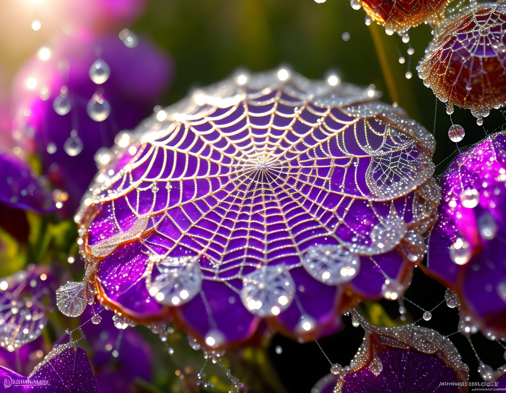 Dew-covered spider web over purple flowers with glistening water droplets