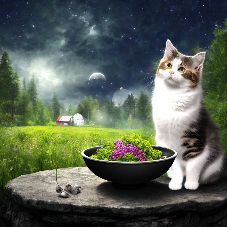 Cat beside flowers on stone with night sky, house, and greenery.