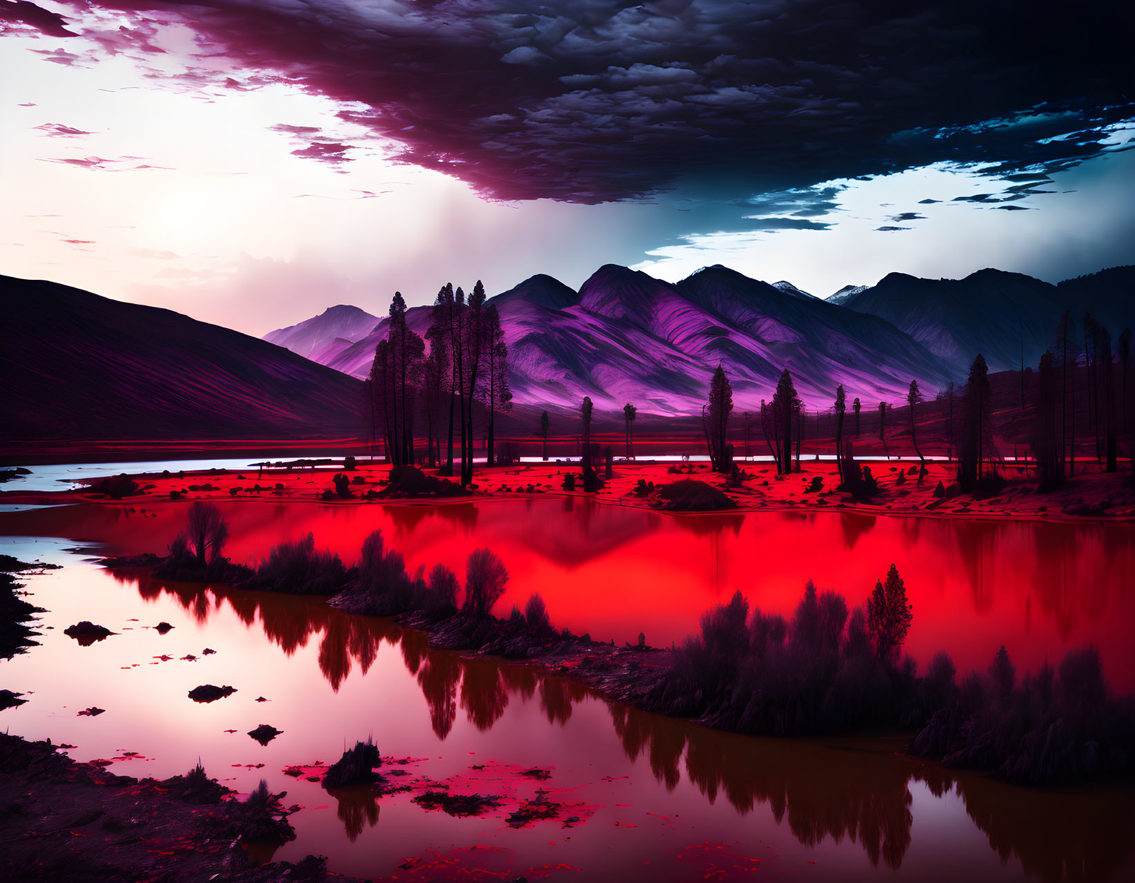 Crimson-Tinted Lake Waters with Silhouetted Trees and Dark Mountain Ranges