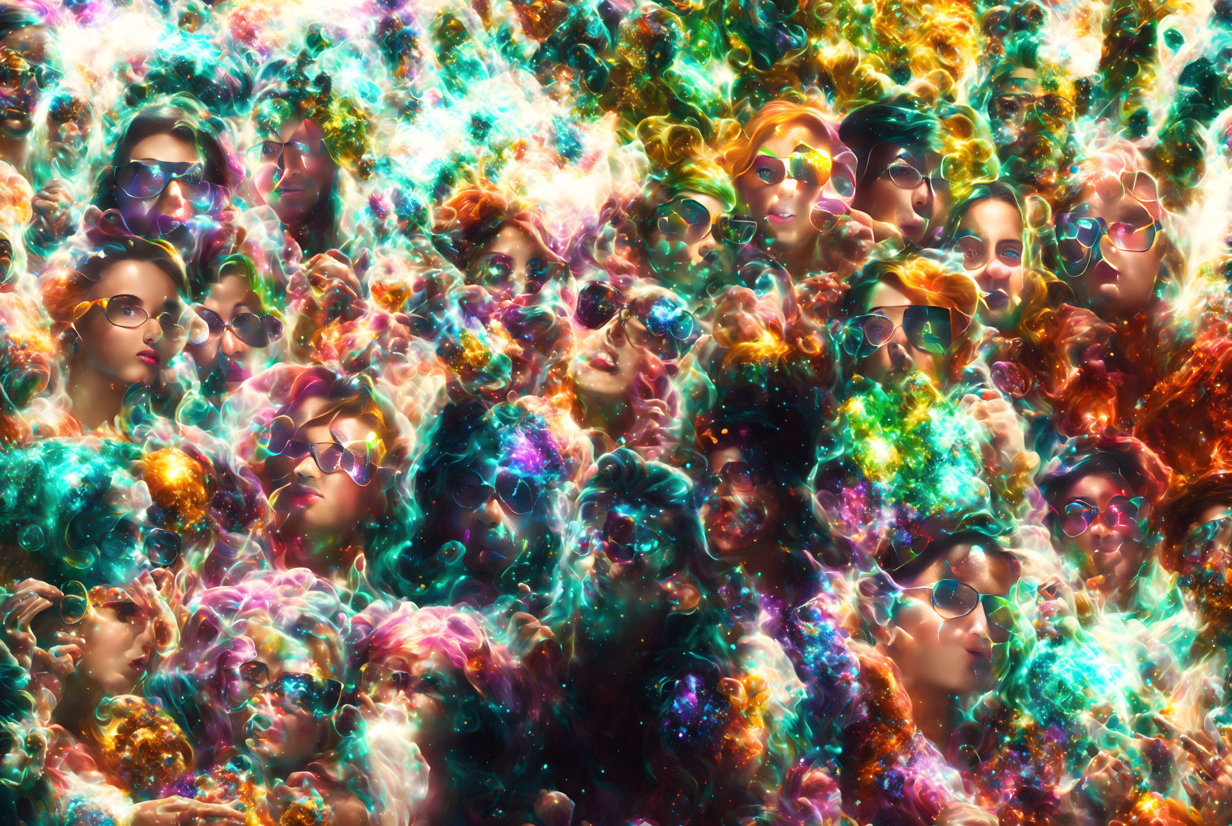 Colorful Collage of Faces with Sunglasses and Cosmic Nebula Effect