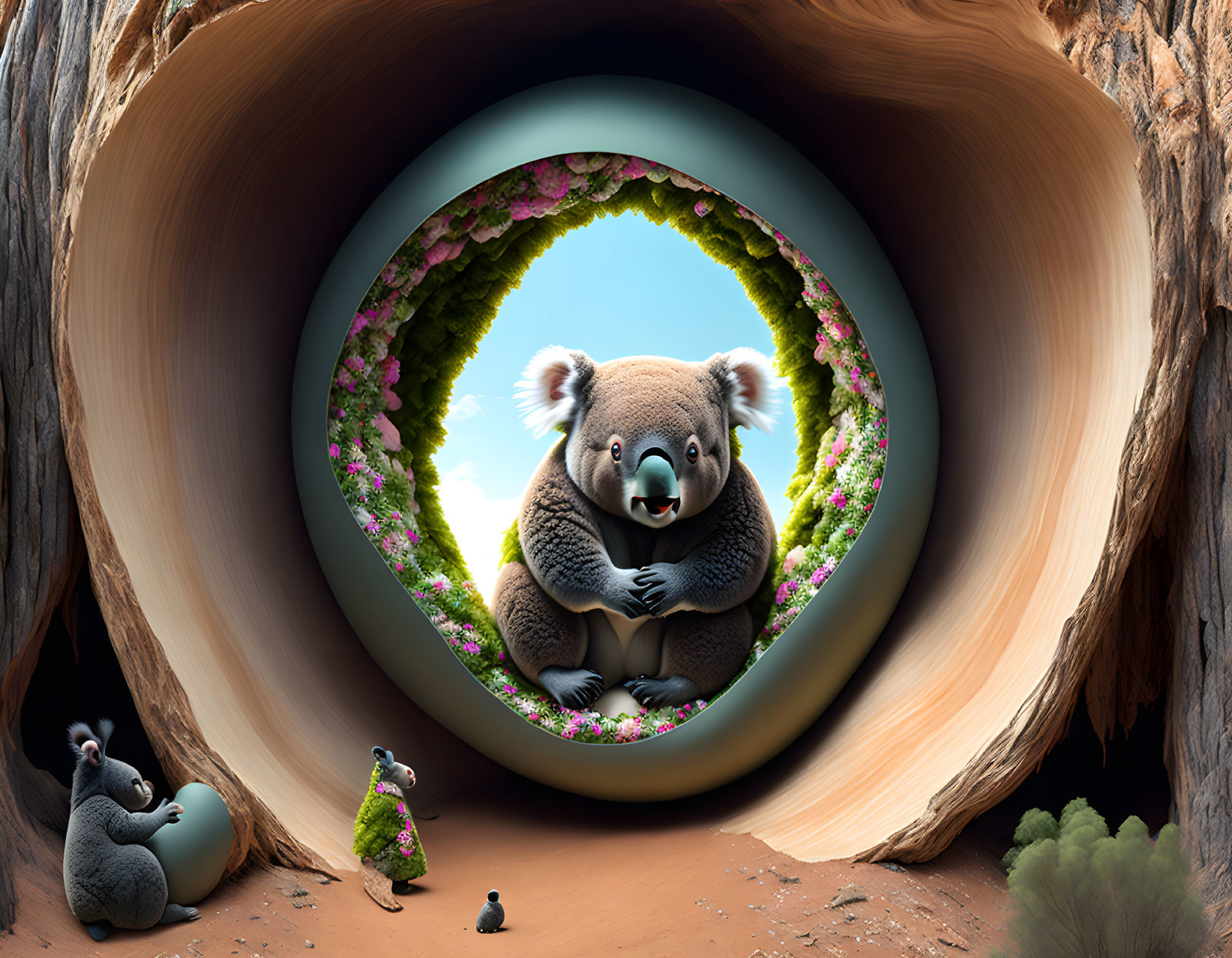 Surreal image of oversized koala in circular gateway with smaller koalas and duck in rocky