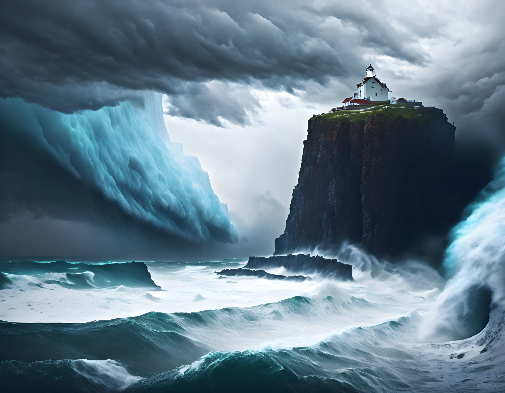 Surreal image of lighthouse on cliff with waves, iceberg, stormy sky