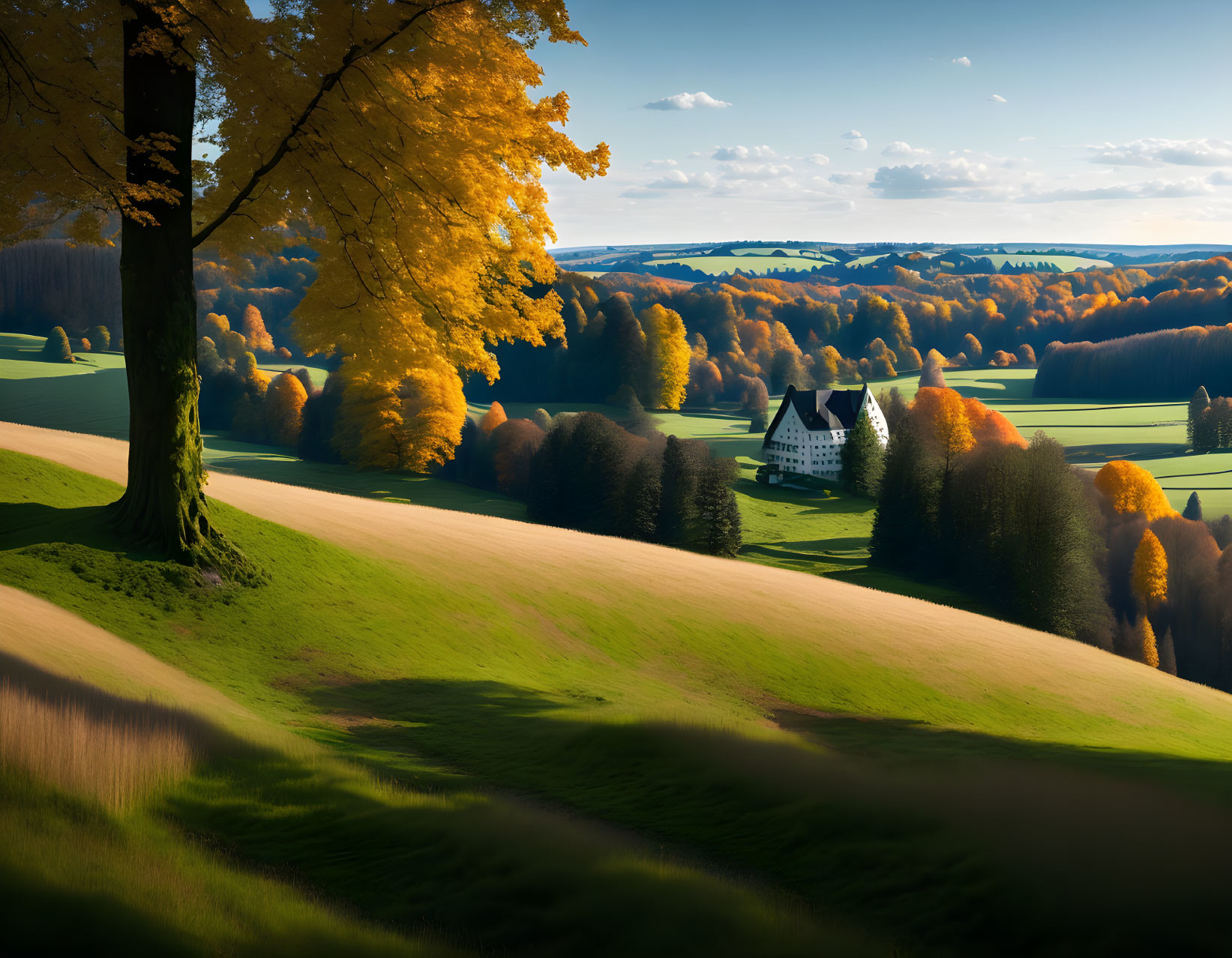 Scenic autumn landscape with white house and golden trees