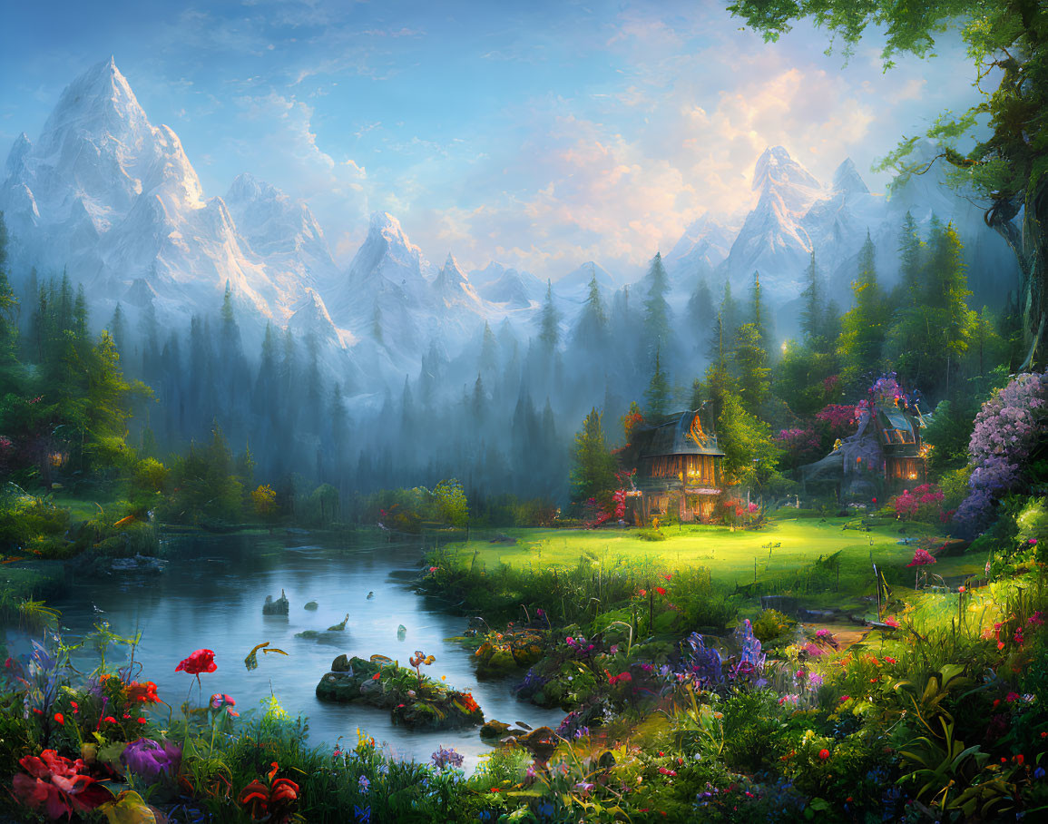 Tranquil lake, cozy cottage, vibrant flora, majestic mountains - serene landscape scene