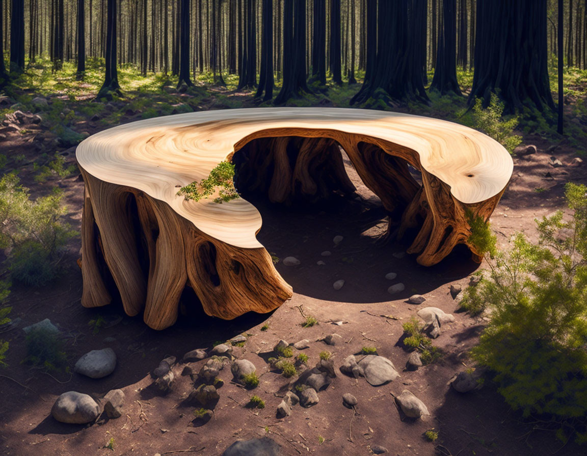 Wooden Table Resembling Tree Trunk in Forest Clearing