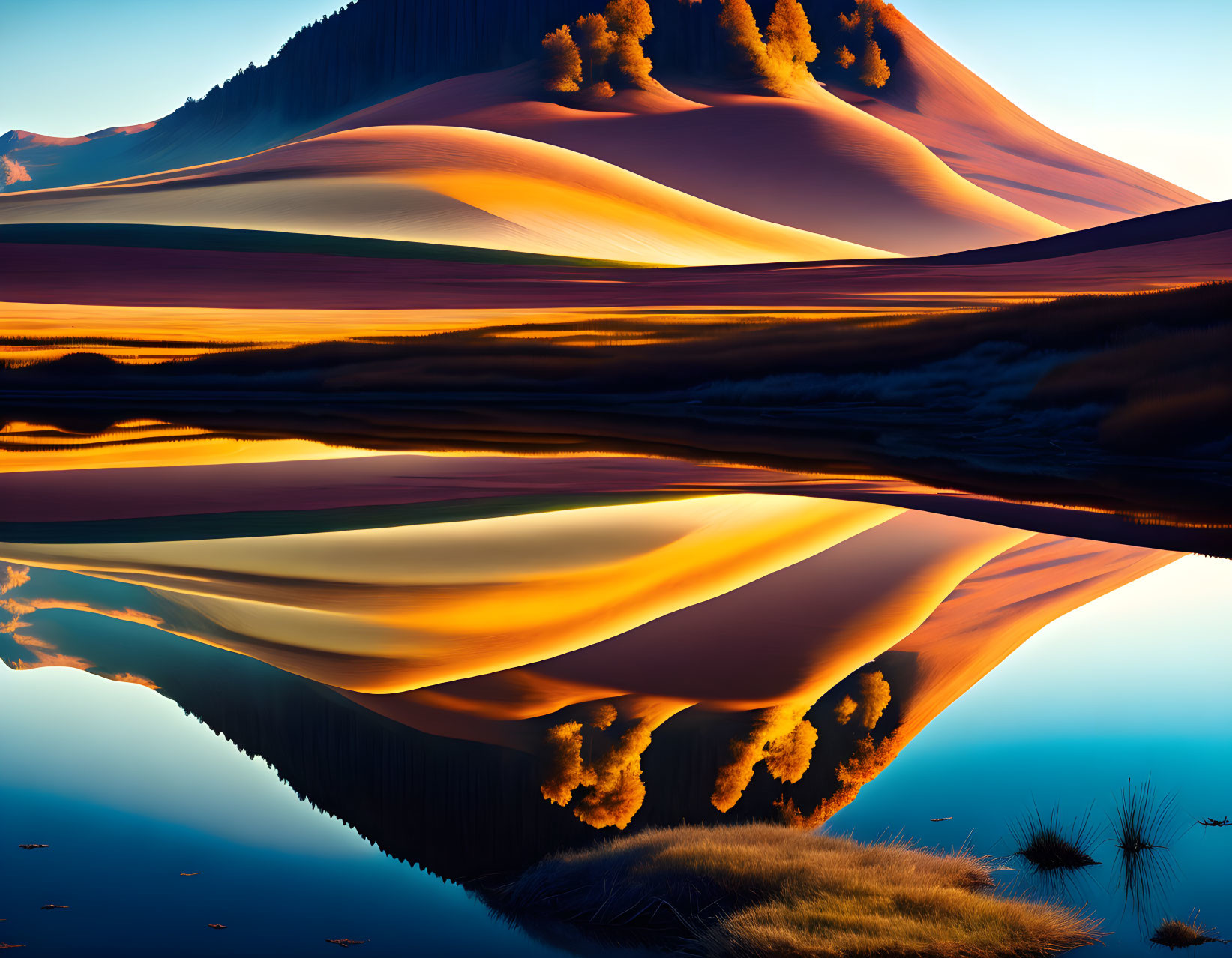 Tranquil golden sand dunes mirrored in calm water under twilight sky