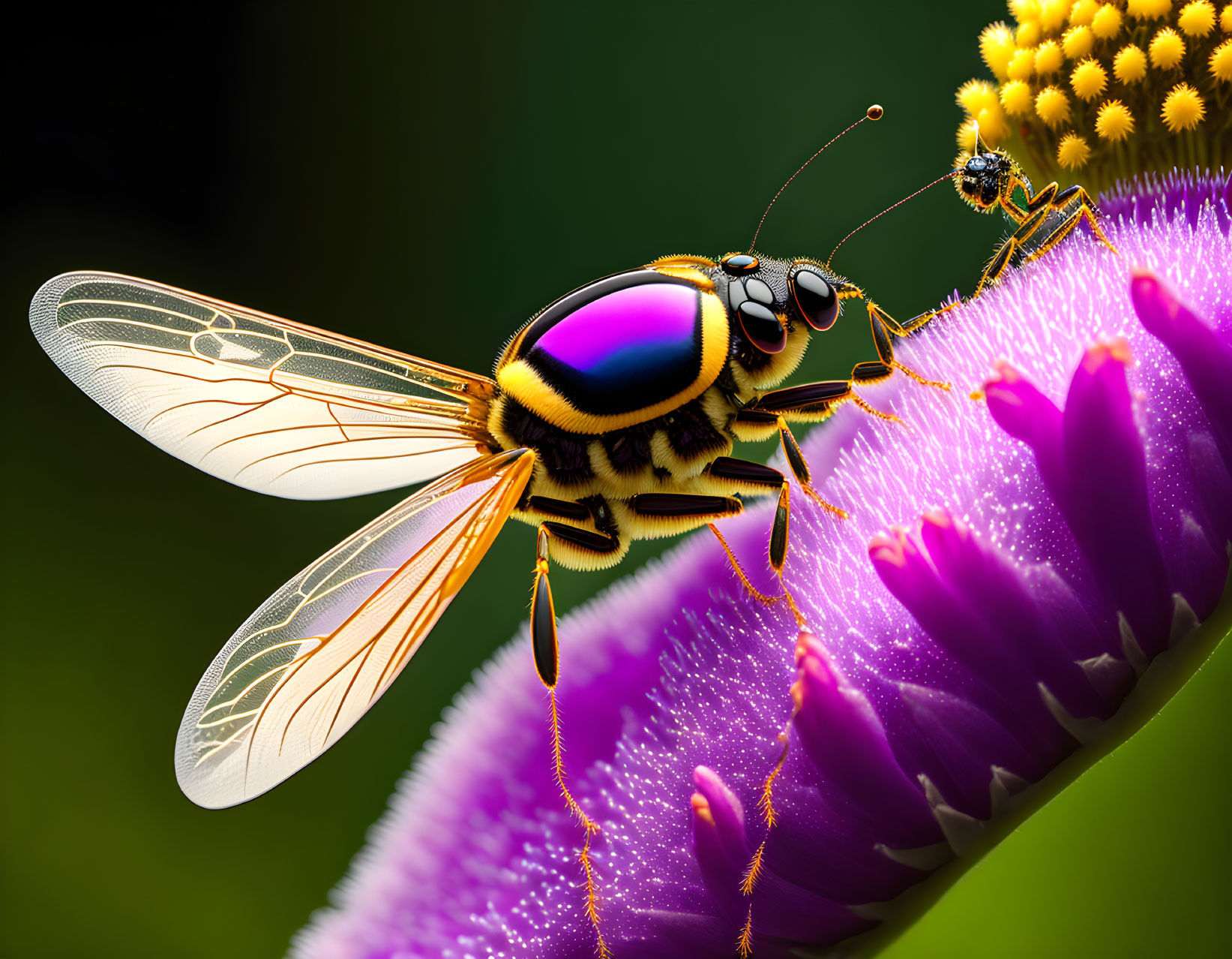 Detailed Close-Up of Bee with Translucent Wings on Purple Flower