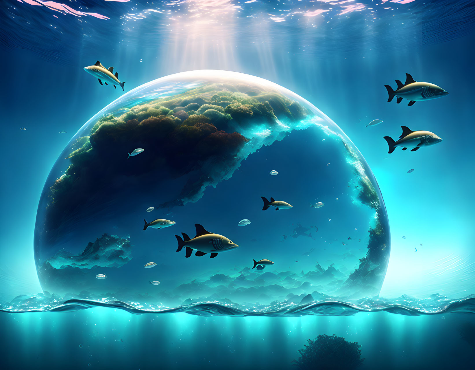 Underwater scene with fish, bubble, tree, clouds, and sun rays