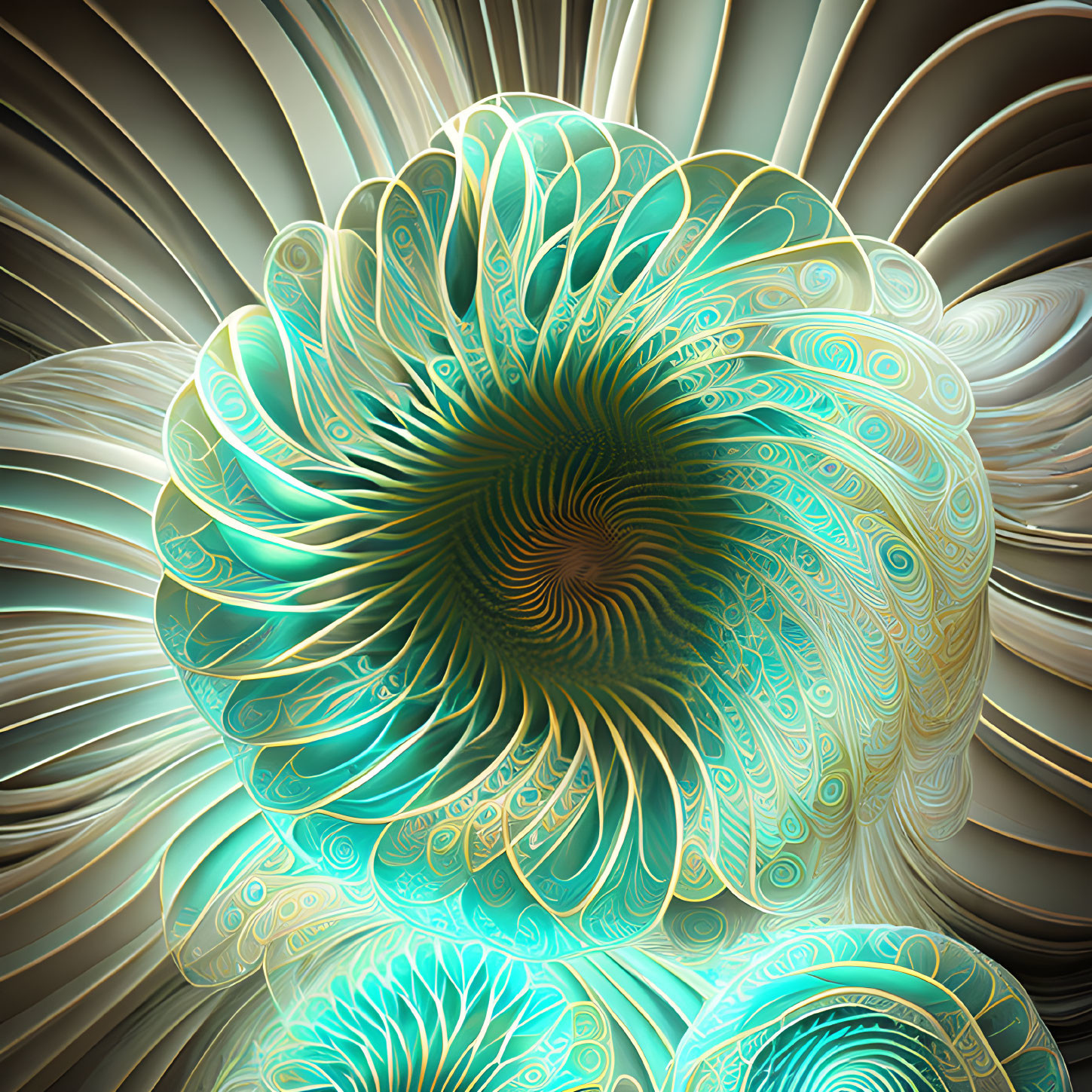 Turquoise and Beige Spiral Fractal Art with Shell and Floral Motifs