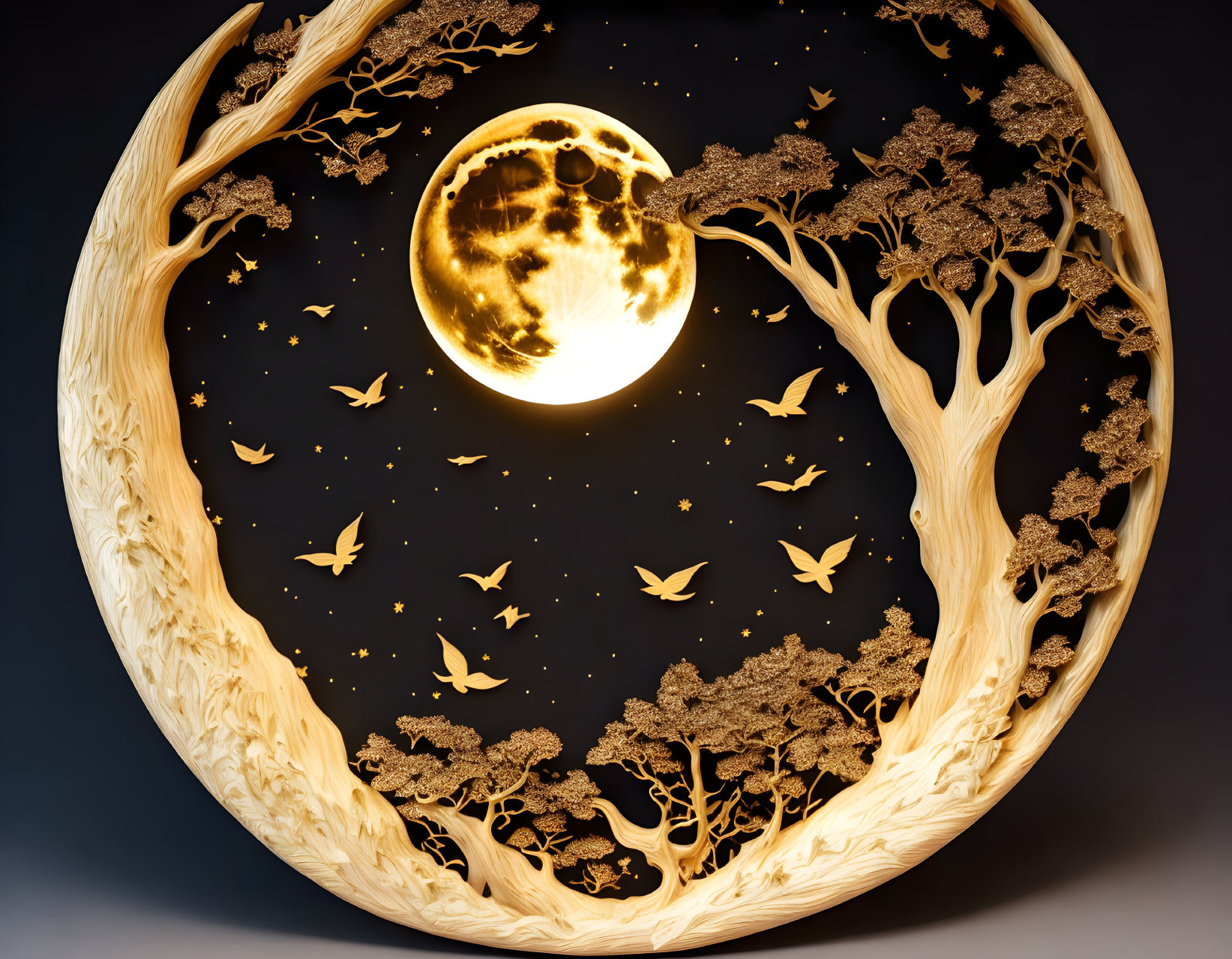 Night Scene with Golden Moon, Trees, and Birds in Circular Frame