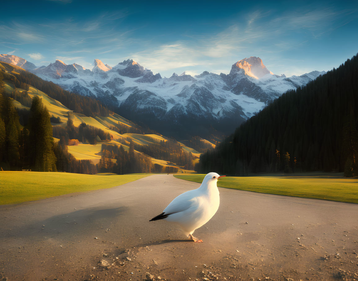 Seagull on road in serene landscape with green fields and snow-capped mountains