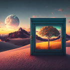 Surreal landscape with doorway to starry night sky and moon over sand dunes and rolling hills