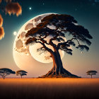 Savannah landscape with majestic tree and full moon