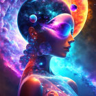 Colorful digital artwork of swirling celestial bodies against star-filled cosmic backdrop