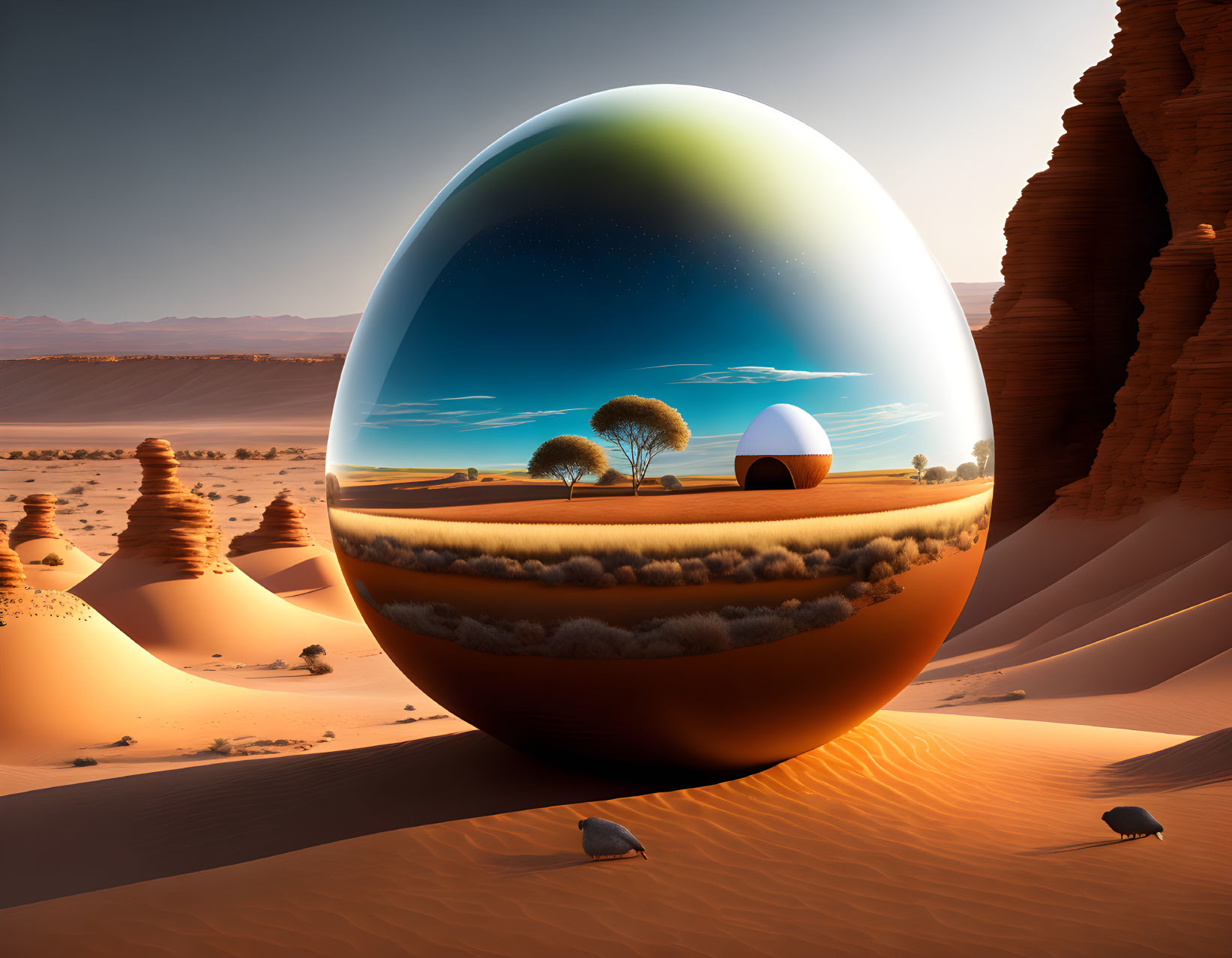 Surreal image of glossy egg with landscape inside, desert setting